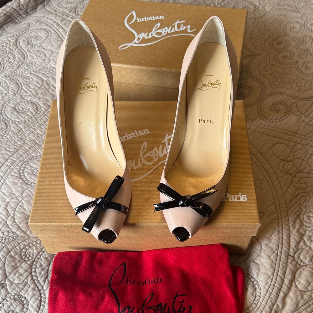 Authentic Christian Louboutin Nude and Black Peep Toe Heels